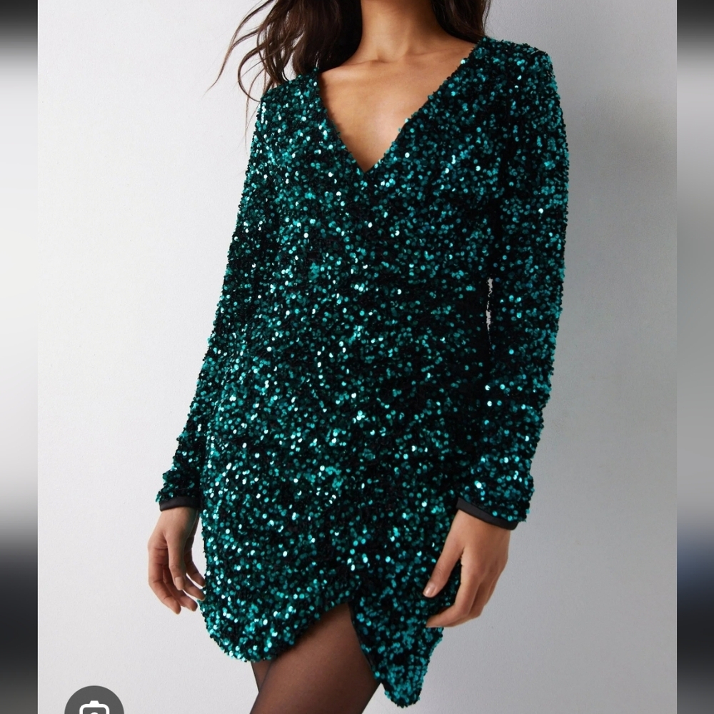 Emerald Green Velvet Sequin Long Sleece Faux Wrap Stretchy Mini Dress